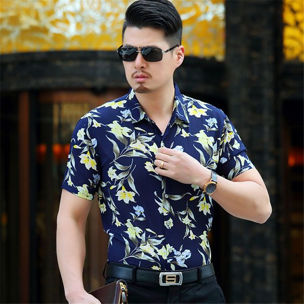 

floral pattern 3d printing luxury wash and wear short sleeve shirt summer 2019 new quality soft comfortable thin men shirt -3xl, White;black