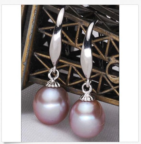

genuine 9-12mm south sea purple natural pearl earring 14k white gold hook, Golden;silver