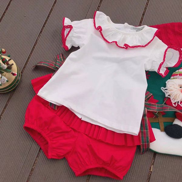 

Baby Girls Clothing Kids sets Summer Sleeveless white color with bow Ruffles collar shirt +red pleated short summer princess clothing sets