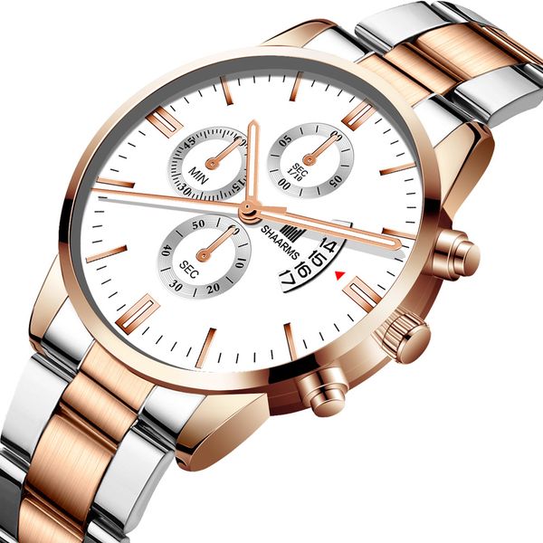 

brand shaarms new men's quartz belt calendar men's watch steel belt korean version of the simple trend watch, Slivery;brown