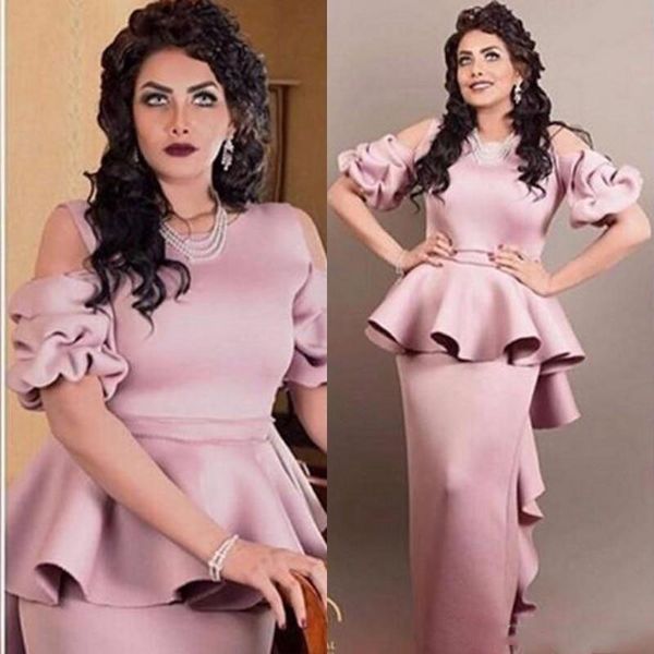 Saudi-arabische Abendkleider Kurzarm 2019 Glamouröses Satin-Meerjungfrau-formales Abendkleid Stilvolle Dubai Vestido De Festa Partykleider