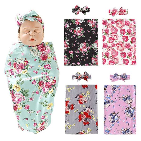 

2pcs/set newborn bow-knot hair band floral printed blanket infants wrapped towel headband for baby shower gifts