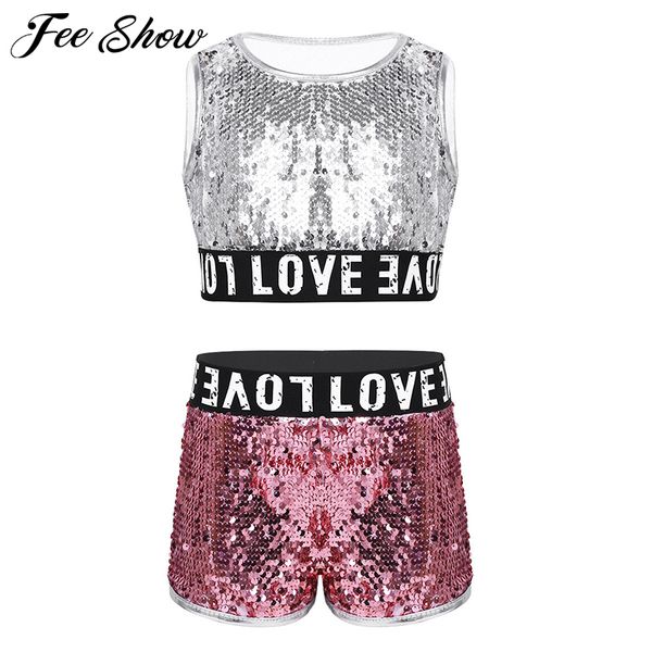 

дети подростки блестящая блестки рукавов crop топы шорты набор девочек танцевальная одежда stage performance ballroom хип-хоп джаз танец кос, White
