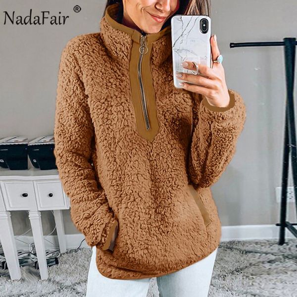 

nadafair casual oversized fluffy hoodie women christmas zip up faux fur winter fleece sweatshirt hoody ladies pullover, Black