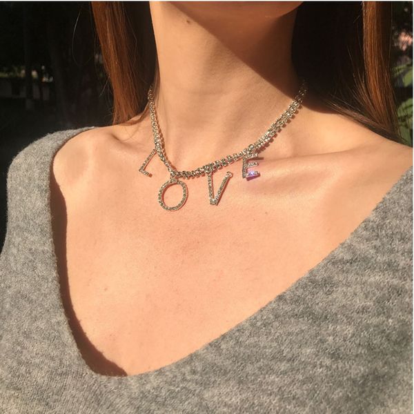 

new love crystal letter pendant necklace for women full crystal clavicle chain short, Silver