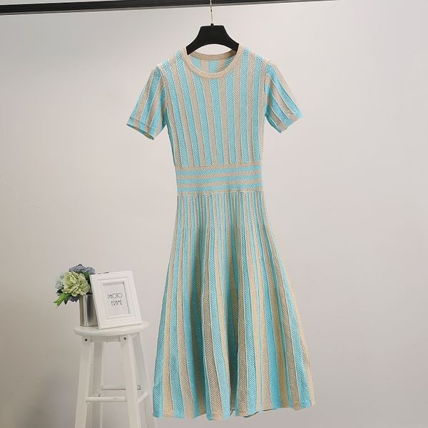 

2020 summer new gold wire pick holes pierced spell color short-sleeved knit dress waist vertical stripe dress women, Black;gray