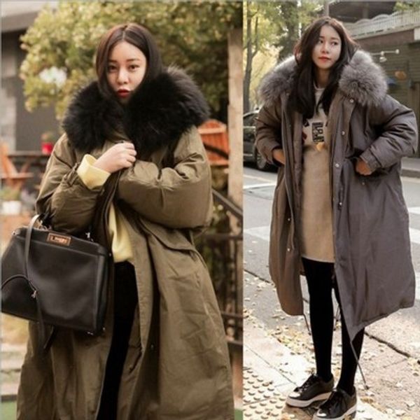 

2019 winter coat women large fur collar hooded long jacket thick warm korean padded parka oversized military parka, Black