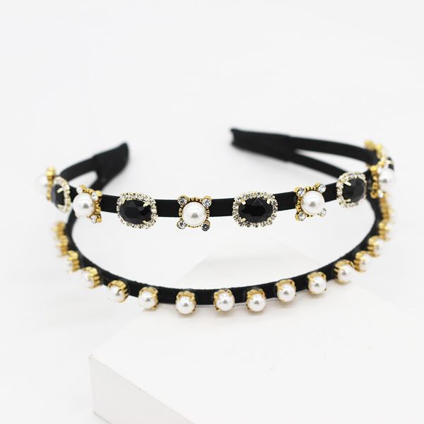 

new baroque fashion personality double pearl black rhinestone girl hair accessories dance party leisure party headband 826, Golden;white