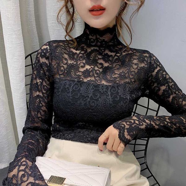 

women lace print shirt 2020 spring long sleeve blouse shirt white hollow out female blouse turtleneck ladies shirts