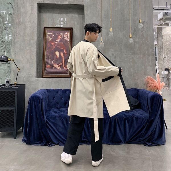 

new men trench coat male streetwear vintage fashion casual long cardigan jacket windbreaker outerwear, Tan;black