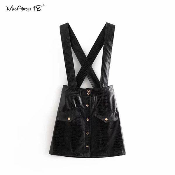 

mnealways18 single-breasted pinafore faux leather strap skirts womens high waist mini brown skirt vintage suspender skirt 2020, Black