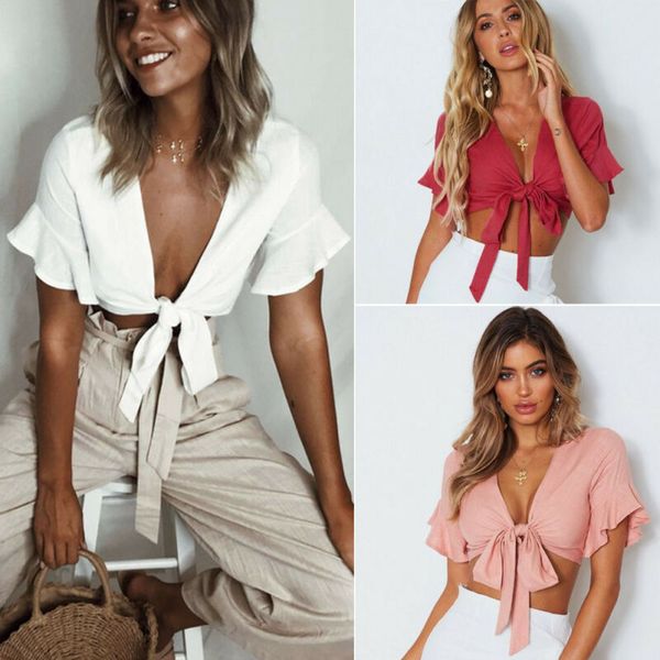 

women casual solid ruffles sleeve tank crop deep v neck t-shirt, White;black