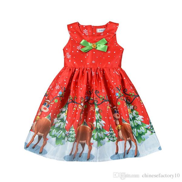 

baby girls christmas dress children elk deer santa claus xmas bowknot sleevesless dress 2018 fashion bow rhinestone boutique kids clothing, Red;yellow