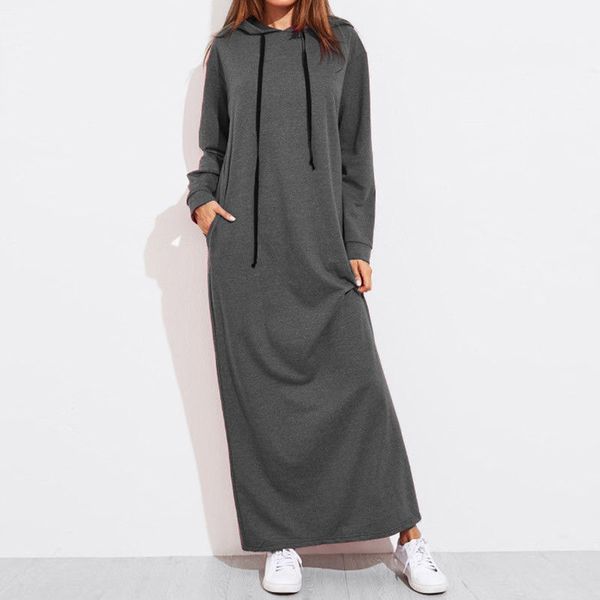 

women dress with hooded solid color female long hooded dress long sleeve pocket pullover casual loose ladies dresses, Black;gray