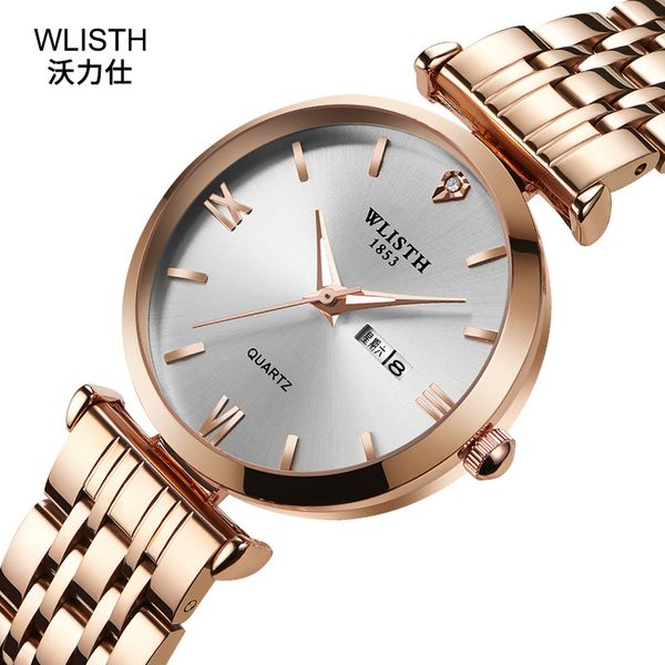 

wlisth brand women gold luxury stainless steel week english display date men quartz clock casual business women wrist watch, Slivery;brown