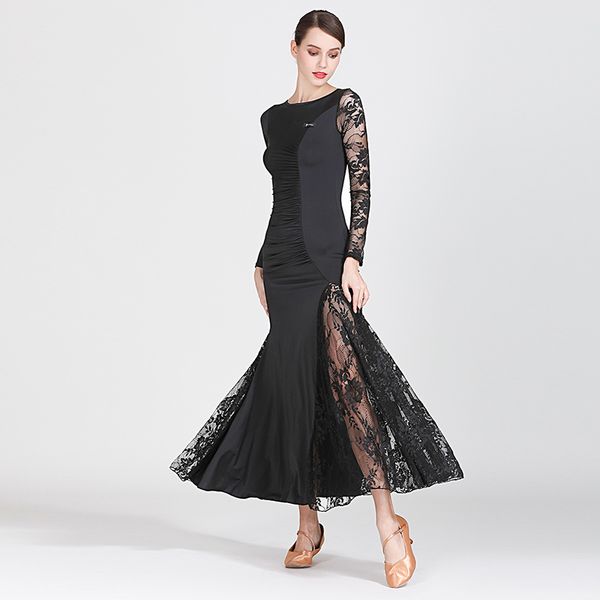 

lace ballroom dance dress long sleeves standard ballroom dress for women waltz tango dance competition dresses, Black;red