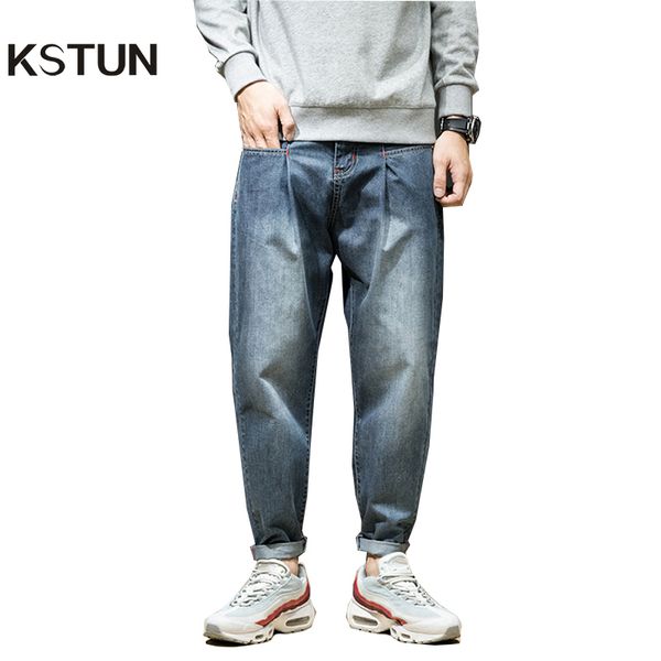 

kstun jeans men japanese harem pants vintage blue loose casual hip hop streetwear wide leg baggy dance punk style large size 42