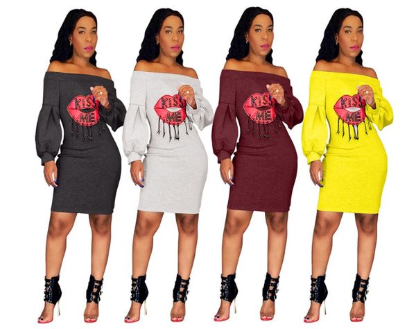 

Women Sexy Lip Dress Fashion Lantern Sleeves Strapless Bodycon Dresses Clothes