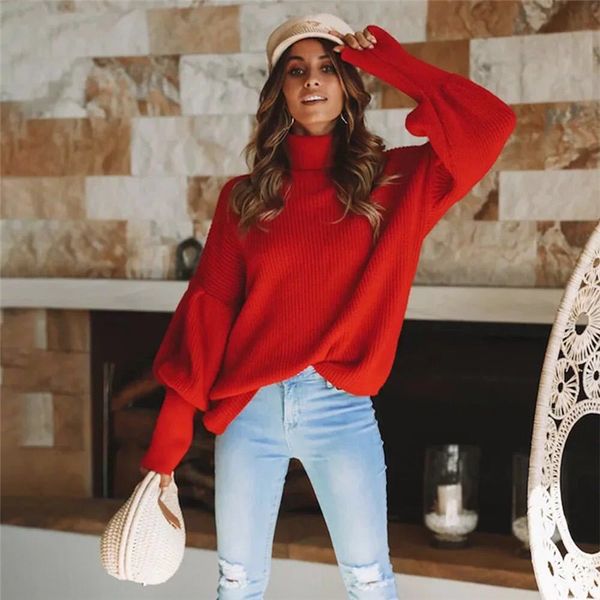 

winter turtle neck warm womens sweaters fashion lantern sleeve donna knitwear designer ladies solid casual cloth, White;black