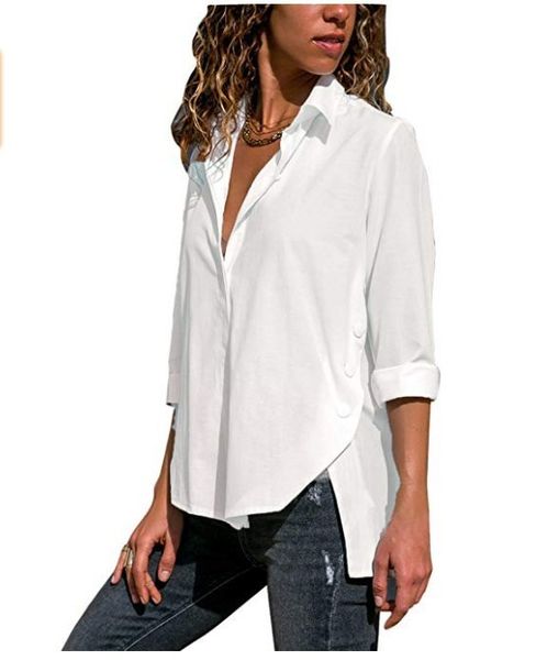 

womens long sleeve collar solid office blouse fashion button side split blouses casual loose ladies shirts 0.5, White