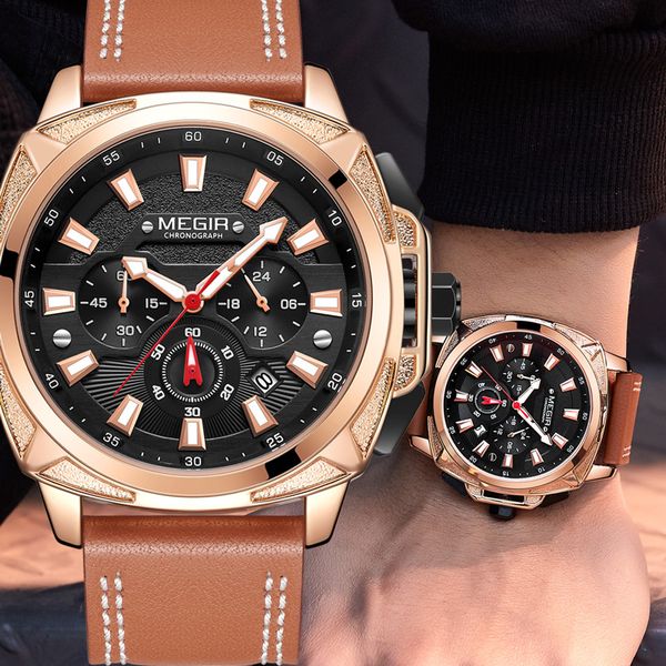 

megir watch men chronograph male clock gold genuine leather band business man sport wristwatch 2128, Slivery;brown