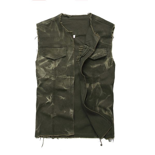 

men's army green o-neck open stitch denim vest sleeveless holes ripped washed fringe tank waistcoat outerwear, Black;white