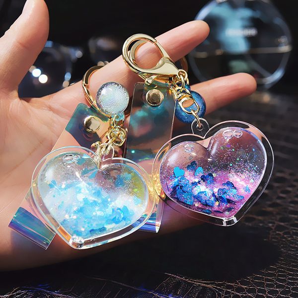 

drop shipping creative acrylic into the oil bottle quicksand love keychain flash peach heart car key chain bag pendant, Silver