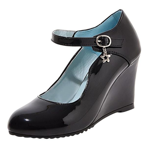

sweet ladies girls sleek leather pu autumn pumps wedge shoes women black thick platform high heel dress pumps shoes plus size