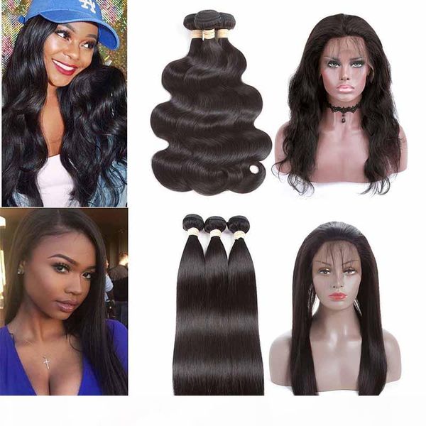 

brazilian straight 360 lace frontal closure with bundles body wave virgin human hair weave with pre plucked 360 lace frontal, Black