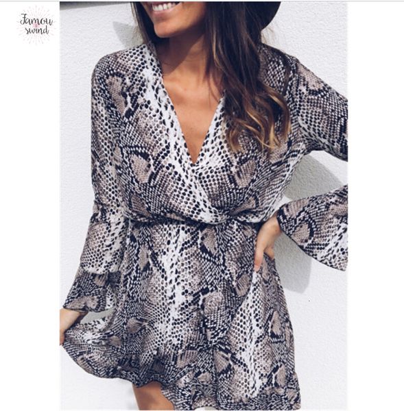 

змея браун письмо платье женщины printed отдыха с длинным рукавом v шеи платья осень весна короткие мини платья vestidos дизайнер одежды, Black;gray