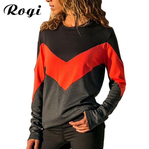 

rogi 2019 new t-shirt women casual long sleeve color block shirt fashion o neck patchwork t shirts loose tee poleras mujer, White
