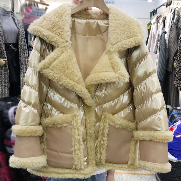 

women's winter jacket real woolen fur collar winter coat for women splice lambswool thicken parkas warm down cotton parka my257, Black