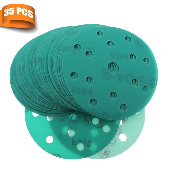 

35pcs 6 inch 150mm 15 holes sandpaper 60 to 2000 grits hook and loop green film sanding disc for polishing and grinding