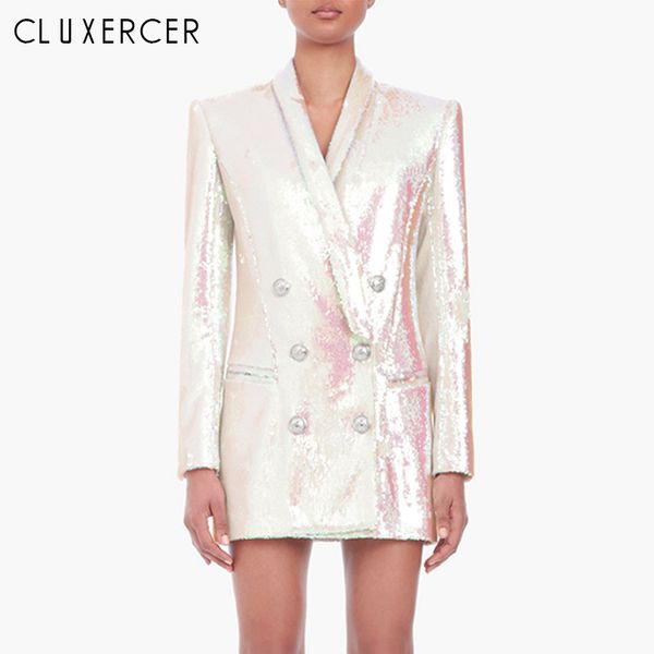 

2019 new long blazer women fashion glitter sequined double breasted blazer elegant runway design pink ladies, White;black