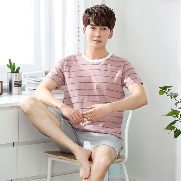 

повседневная полосатая хлопковая пижама с коротким рукавом для мужчин летняя пижама мужская мягкая удобная домашняя одежда одежда для отдыха, Black;brown