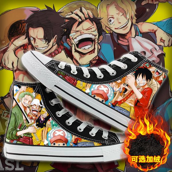 

whoholl men women's anime print velvet canvas shoes design anime one piece luffy high canvas sneakers casual shoes, Black