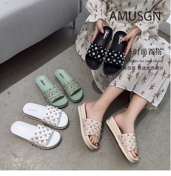 

Free shipping Women Slide Summer Korean Fashion Wide Flat Slippery With Thick Sandals Slipper House Stud Flip Flop With Spike For Female