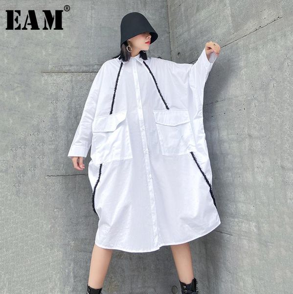 

eam] women pocket split big size long blouse new lapel long sleeve loose fit shirt fashion tide spring autumn 2020 1r445, White