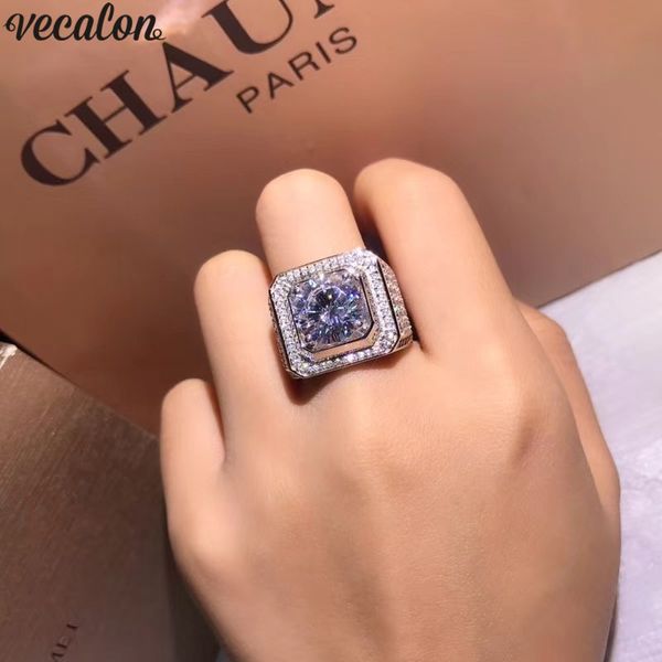 Vecalon luxo masculino anel solitário 3ct diamante 925 prata esterlina noivado anéis de banda de casamento para homens jóias de dedo grande