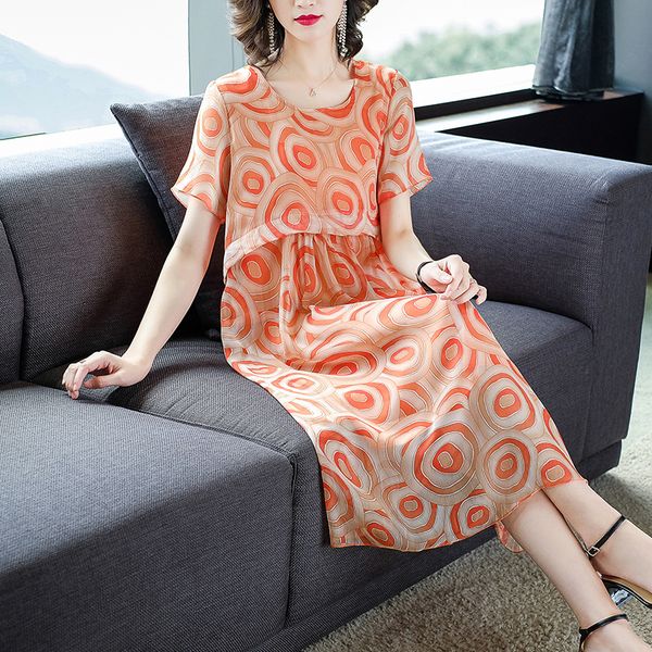 

luxury elegant 2019 new middle age silk print mid-calf dress vintage elegant large size loose women dress, Black;gray
