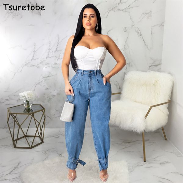 

tsuretobe autumn loose high waist jeans women bandage denim wide leg pants casual straight pants boyfriend jeans joggers trouser, Blue