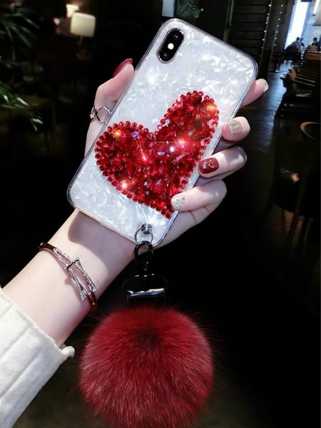 

luxury phone 11pro/11/11promax designer iphone xr xsmax x/xs hairball 7p/8p phone case fashion heart shaperhinestone real cover wholesale2