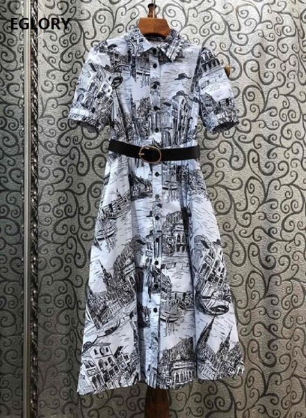 

100%cotton dress new 2020 summer fashion style women vintage building print belt deco short sleeve casual long shirt dress, Black;gray