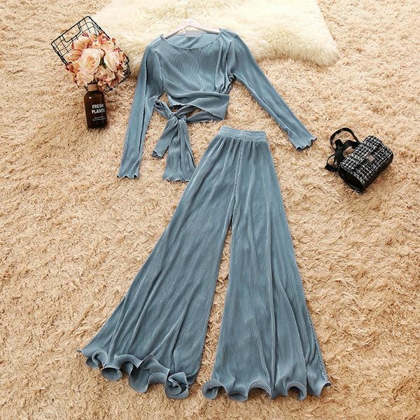 

2019 autumn new female o-neck long sleeve lace-up shirts sold color high waist chiffon flare trousers suit women's 2 piece sets y190923, Black;white