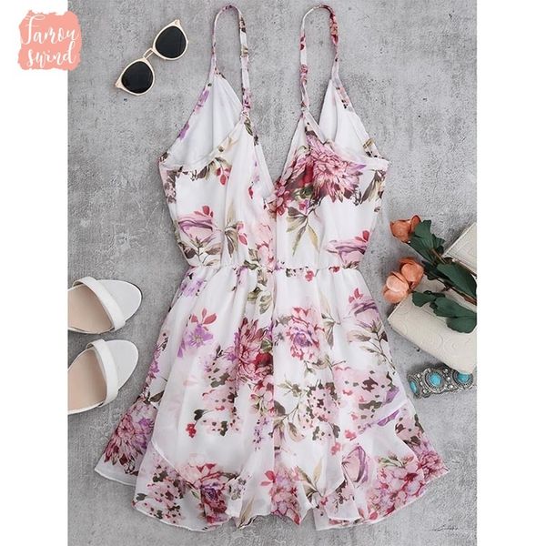 

romper summer holiday floral print women jumpsuit romper chiffon cami strap loose beach flower playsuit overalls 2019 new, Black;white