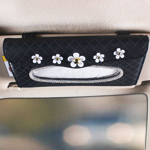 

sunflower car sun visor tissue case leather hanging storage bag box for girls crystal black auto interior accessories