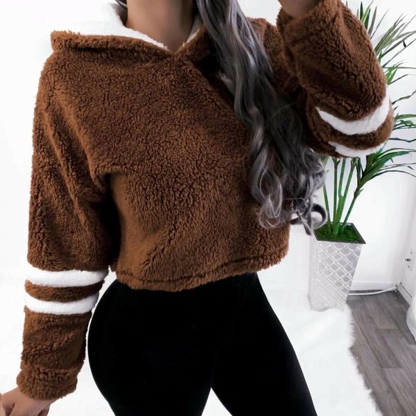 

2019 women fleece fur hoodie autumn winter warm teddy bear fluffy hooded sweatshirt pullover jumper short hoody long sleeve, Black