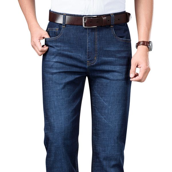 

classic men's thin business jeans 2020 summer new fashion casual stretch straight denim trousers male black pants, Blue