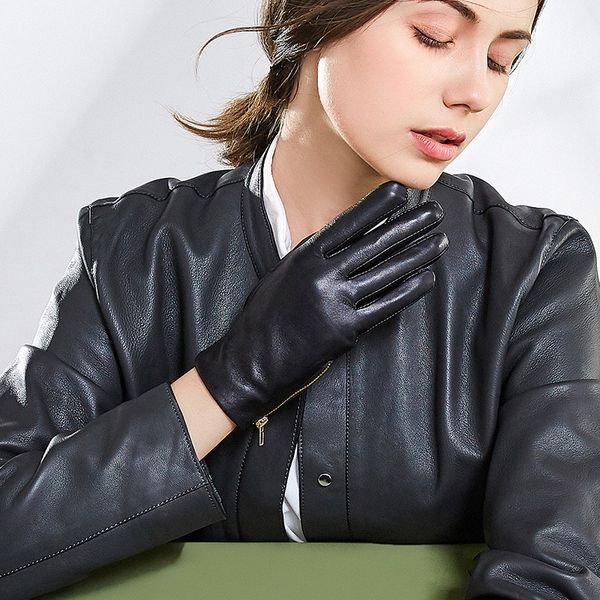 

new leather gloves ladies autumn and winter touch screen sheepskin with fleece thickened thermal zipper short gloves, Blue;gray