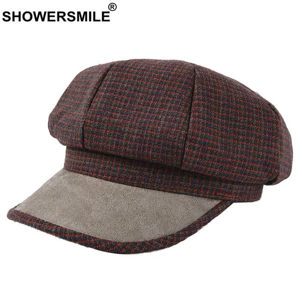 

showersmile newsboy cap women plaid woolen ladies british style spitfire cap houndstooth female beret female octagonal, Blue;gray